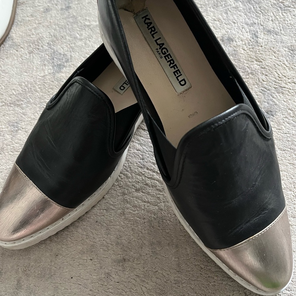 Karl Lagerfeld Black Flats with Silver Toe Cap